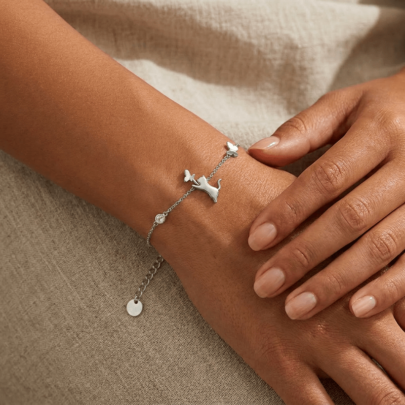 Women's Leaping Cat Catches Butterfly Silver-Plated Bracelet, Unique Design